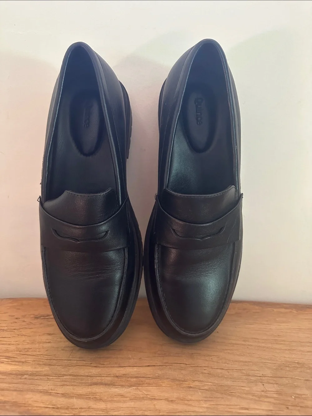 Quince Black Leather Lug-Sole Penny Loafers
